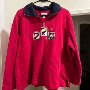 Grannie Snowman Sweatshirt. Red with Postage Stamp Snowmen. Size 2X